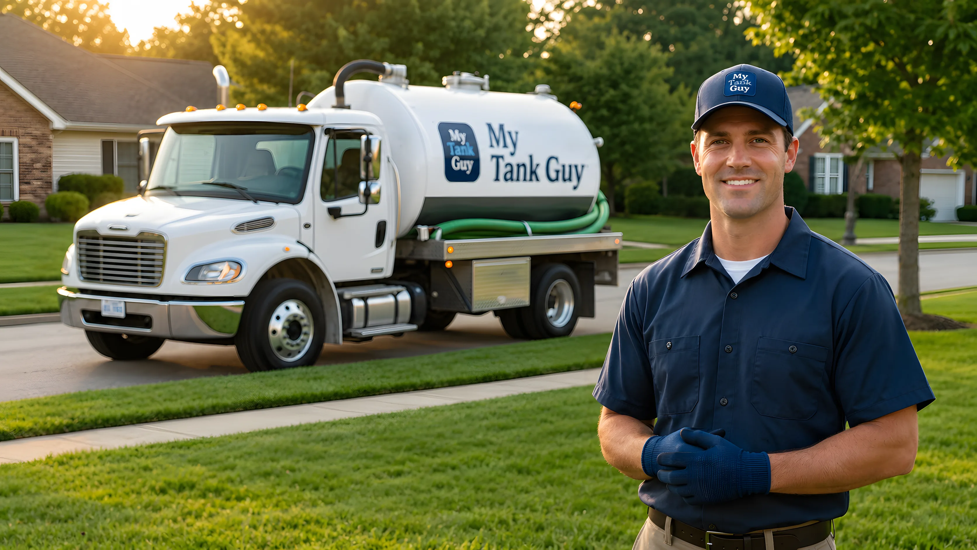 A septic pumping technician working beside his tank truck on a home's lawn at sunset.